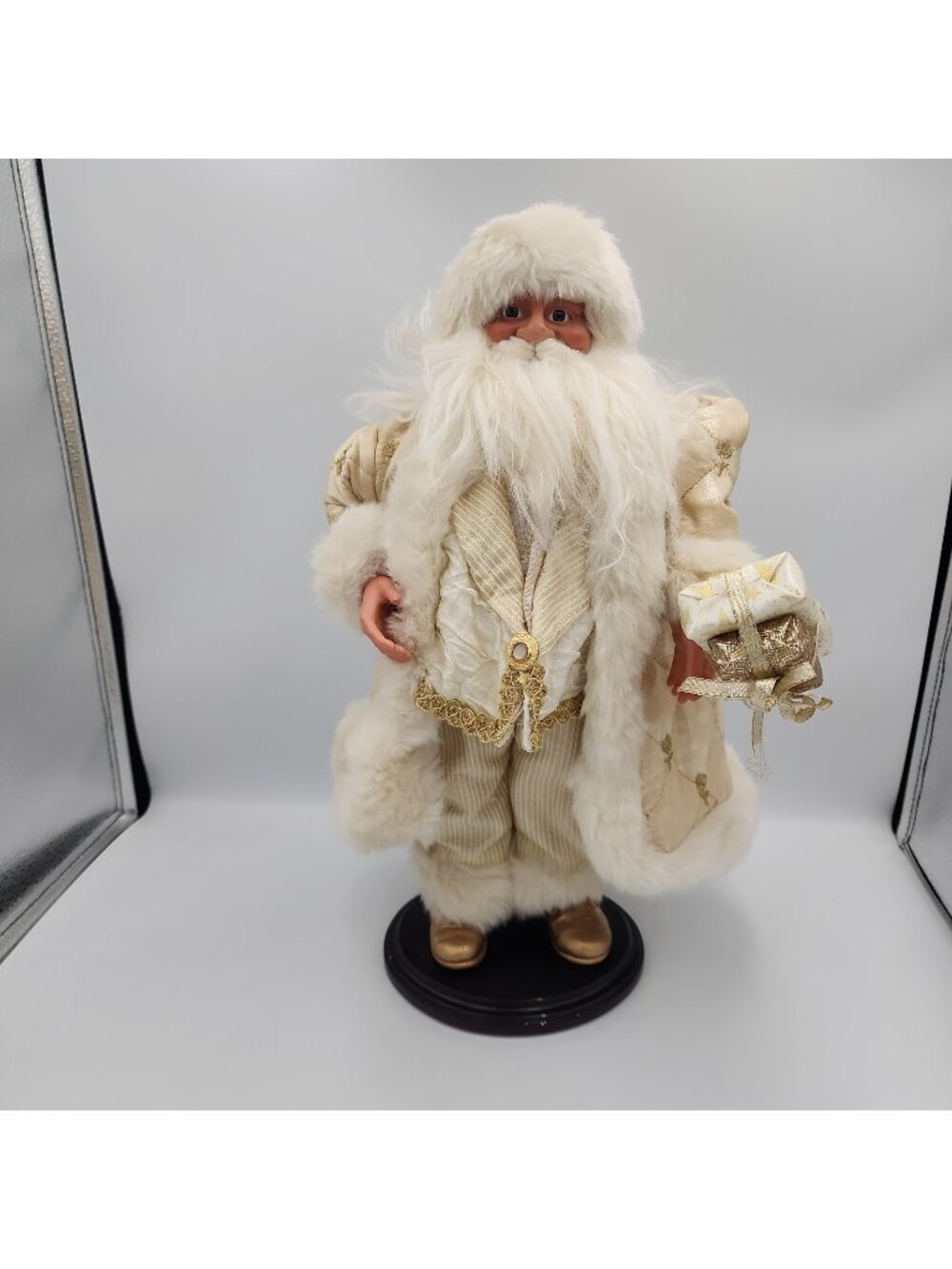 Vintage 17" Santa White And Gold Outfit On A Wooden Base Holding Presents